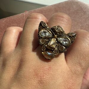 Vintage Oscar de la Renta Signed Panther Statement Brass & Crystal Ring Size 7